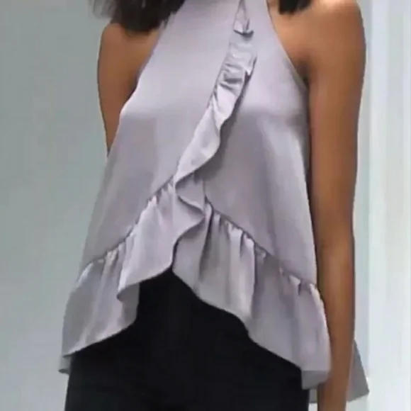 ASOS brand silvery lilac satiny halter ruffle blouse size 8 - Picture 3 of 14